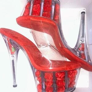 Red Floral Clear Platform High-Heel Sandals